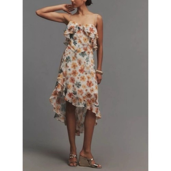NWT ANTHROPOLOGIE ASYMMETRICAL HEM FLORAL WATER COLOR SPAGHETTI STRAP DRESS XS - Picture 4 of 16